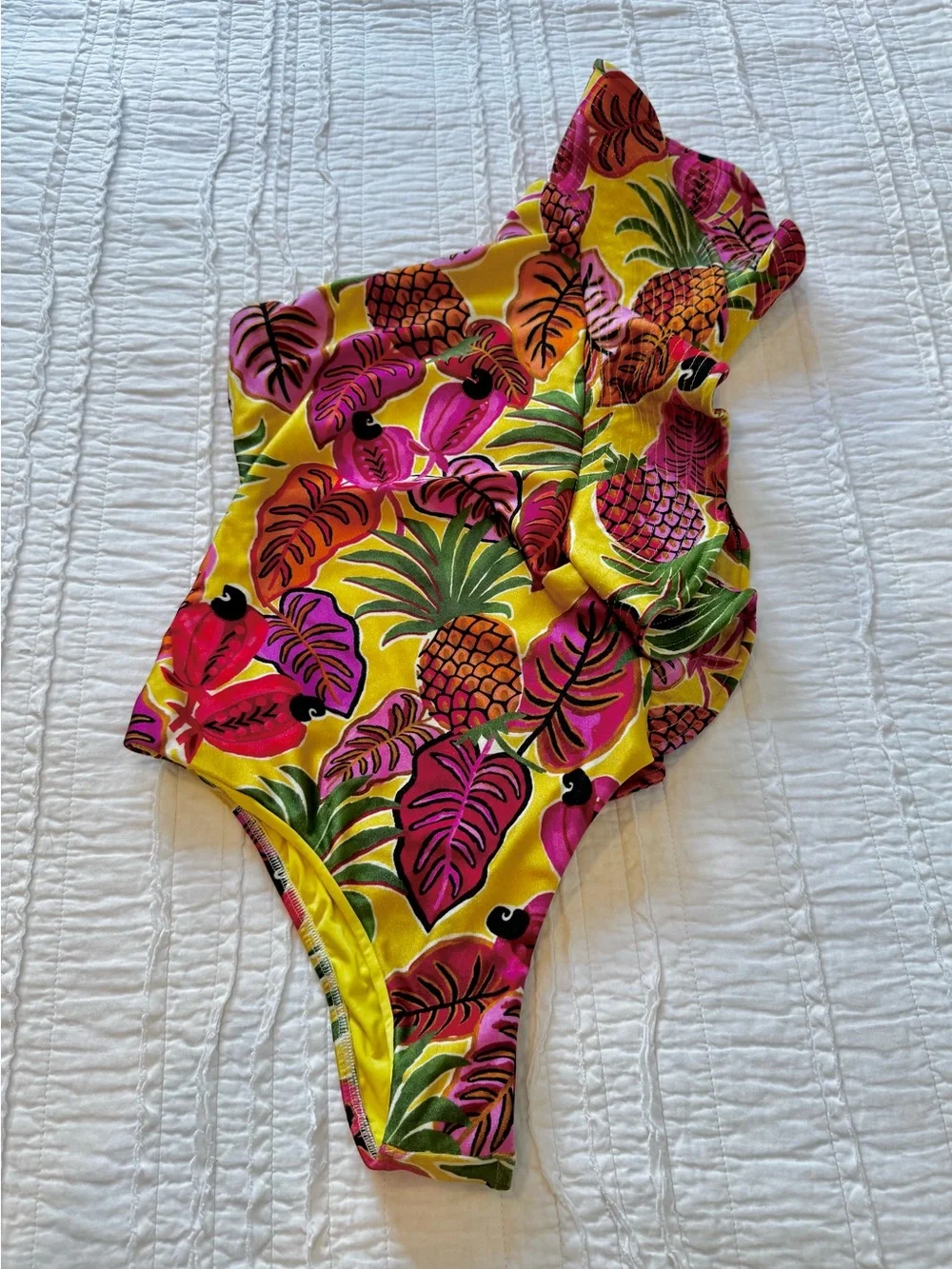 FARM Rio Fruit Dream One Shoulder Ruffle Swimsuit Bikini S Pineapple Tropical